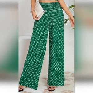 Elegant Green Polka Dot Wide-Leg Trousers